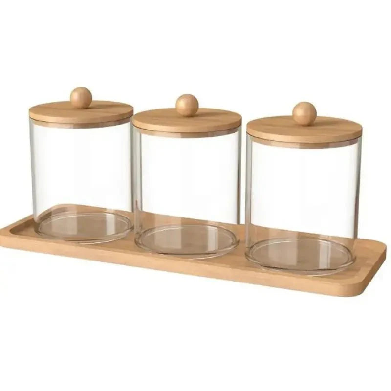 Conjunto Porta Cotonete e Algodão Acrílico e Bandeja em Bambu
